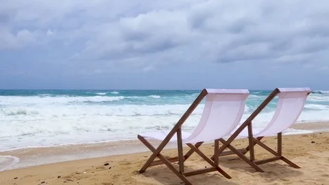 Beach Chair, White Fabric on Karon Beach, Phuket, Thailand Stock Footage
