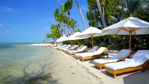 Beach Chairs and Umbrellas on Tropical Beach Stock Footage