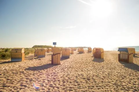Beach chairs on the beach in the sunlight Foto stock