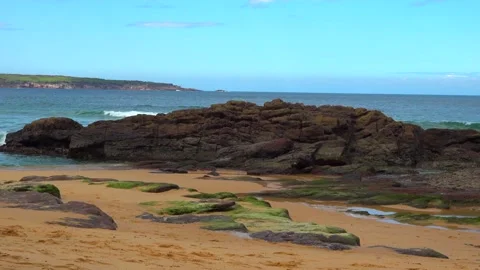 Beach with cliffs and sea waves on a sunny day Stock Footage 131521133