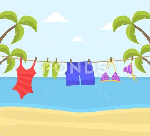Beach Clothes Hanging on Rope, Swimwear and Flip Flops on a Clothesline on:  Graphic #113666597
