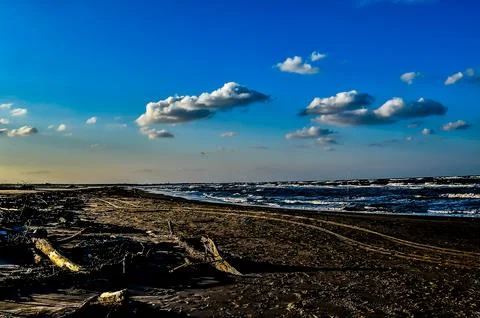 A beach with a cloudy sky in the background Stock Photos