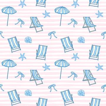 Beach coastal seamless pattern of beach chairs and umbrellas in blue on str.. Stock Illustration