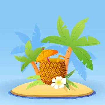 Beach cocktail Pina colada in pineapple with straw, umbrella,flower. Stock Illustration
