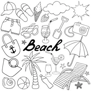 Beach collection. Sketch. Vector set of illustrations. Illustrazione stock