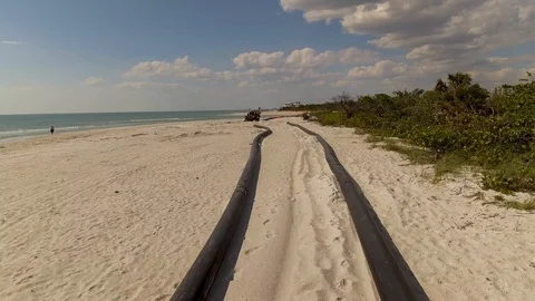 Beach Construction Line Pipes Dredging Stock Footage 89855554