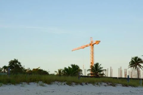 Beach Construction Single Crane Wide View Stock Photos