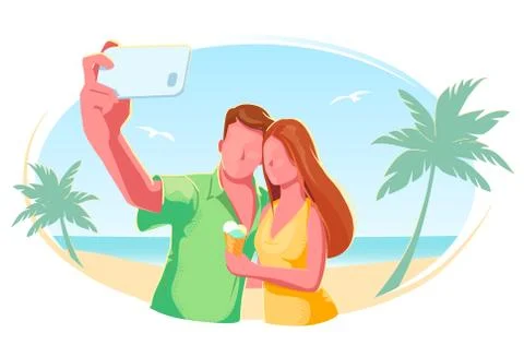 Beach couple selfie flat vector isolated illustration. Holiday, vacation Stock Illustration
