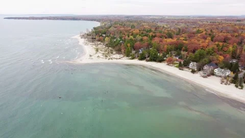 Beach cove with fall foliage in background Stock Footage 169544596