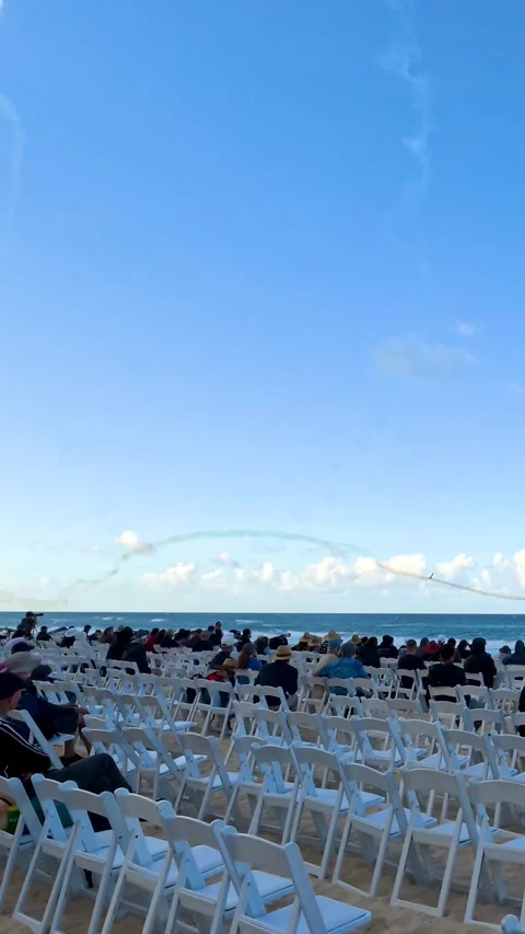 Beach Crowd Watching Airshow Performance at Surfers Paradise Stock Footage 345012378