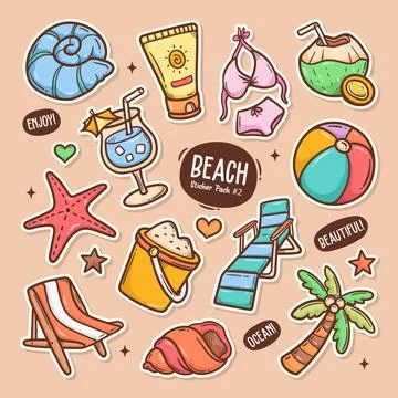 Beach Cute Doodle Vector Sticker Collection 2 Ilustración de archivo