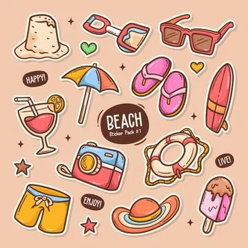 Beach Cute Doodle Vector Sticker Collection 1 Ilustración de archivo