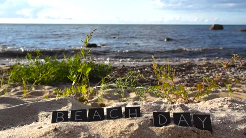 Beach day lettering on sand with ocean background Stock Footage 344103308