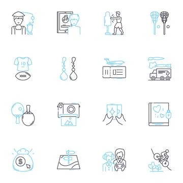Beach day linear icons set. Sand, Sunscreen, Waves, Seashells, Towel, Umbrella 스톡 일러스트