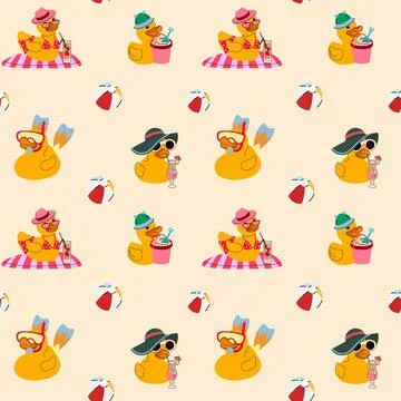 Beach Day Rubber Ducks. Cute Seamless Summer Pattern Stock-Illustration