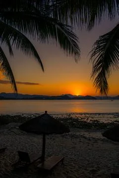 Beach daybed and the palm trees at Dadonghai beach, Sanya, China Stock Photos