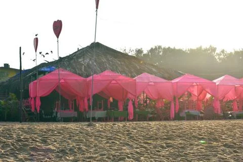 Beach dining area in the sand Stock Photos