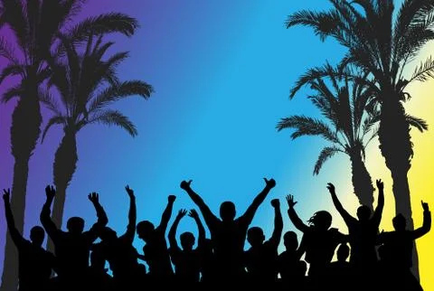 Beach disco party, silhouettes of dancing people and palm trees. Vector illus Stock Illustration