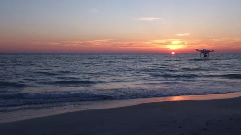 Beach Drone with birds at sunset Video stock 56948200
