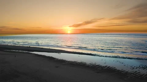 Beach, Drone, Sunset, Orange, Teal, Clouds, Blue, Water, Ocean Stock Footage 145855877