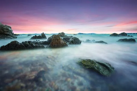 Beach during evening long exposure photograghy shot Stock Photos