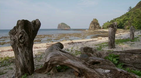 Beach during lower tide with huge and beautiful rock formation  Stock Footage 555707
