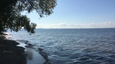 A beach with easy surf on a large river. Paradise place. In the shade of a tree Stock Footage 115795319