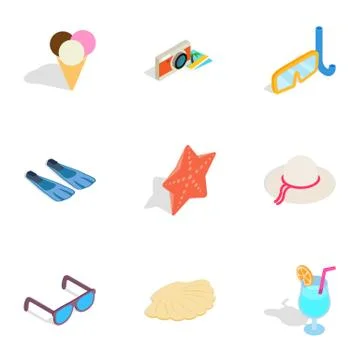 Beach elements icons, isometric 3d style Stock Illustration