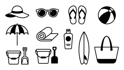 Beach equipment line icon set with sun hat sunglasses surfboard and travel .. Stockillustratie