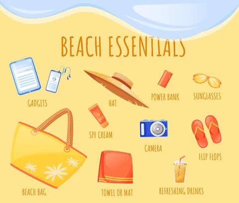 Beach essentials flat color vector informational infographic template Stock Illustration