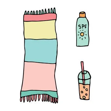 Beach essentials illustration featuring a striped towel, SPF bottle, and Stock Illustration