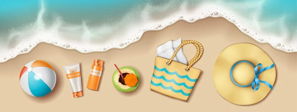 Beach Essentials on Sandy Shore with Waves Ilustración de archivo