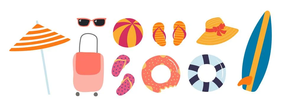 Beach essentials, summer holidays objects illustration isolated set イラスト素材