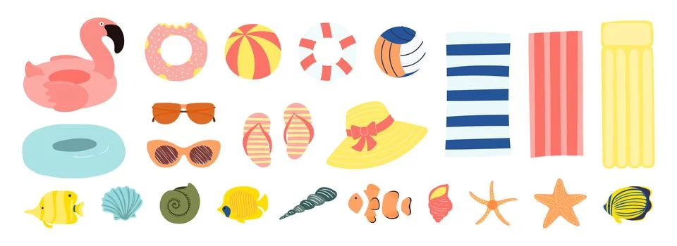 Beach essentials, summer holidays objects illustration isolated set Stockillustratie