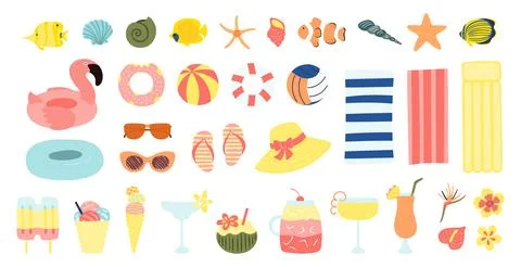 Beach essentials, summer holidays objects illustration isolated set Stock Illustration