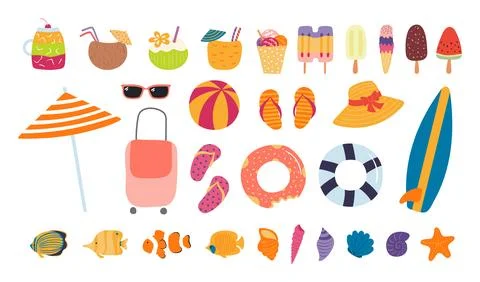 Beach essentials, summer holidays objects illustration isolated set Stock Illustration