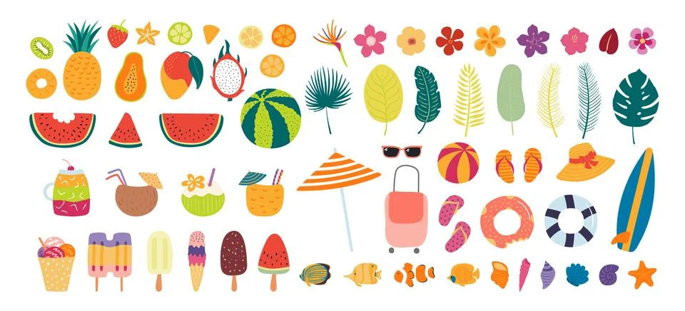 Beach essentials, summer holidays objects illustration isolated set Stock Illustration