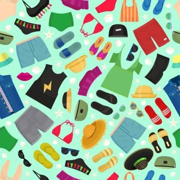 Beach fashion seamless pattern vector illustration. Summer woman s and man s Illustrazione stock