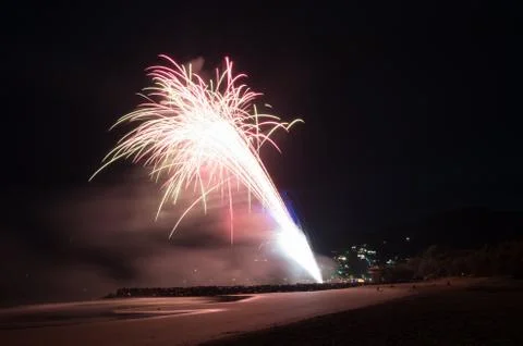Beach fireworks for New years Eve on Noosa Main beach Stock Photos