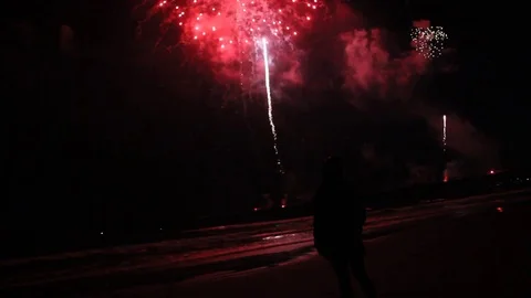 Beach fireworks show Stock Footage 80804868