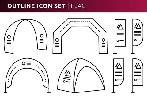 Beach flag icon set in outline style for marketing exhibition and branding,.. Illustrazione stock