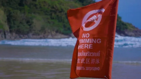Beach flag warnings about bathing ban Video stock 95437608
