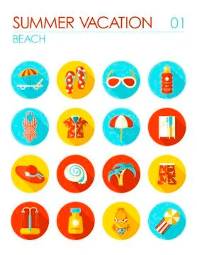 Beach flat icon set. Summer. Vacation Stock Illustration