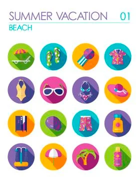Beach flat icon set. Summer. Vacation Stock Illustration