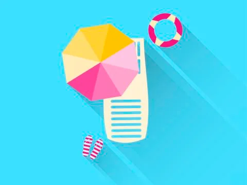 Beach flat icons with long shadow. Chaise lounge with umbrella. Lifebuoy. Vec 스톡 일러스트