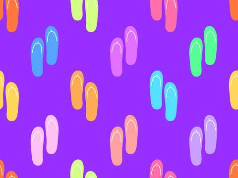 Beach flip flops seamless pattern. Multicolored flip-flops on a violet backgr Stock Illustration
