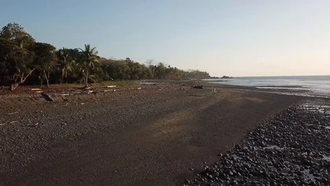 Beach Fly over view solo surfer entering water, waves on shore Stock-Footage 97173833
