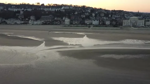 Beach flyover parallel to the sea front in Trouville Video stock 150282644