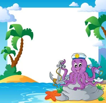 Beach frame with octopus sailor - illustration. 库存插图
