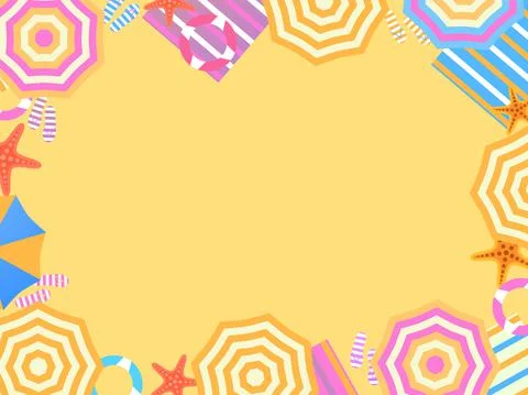 Beach frame, top view. Beach umbrellas and flip flops with starfish on the sa Illustrazione stock